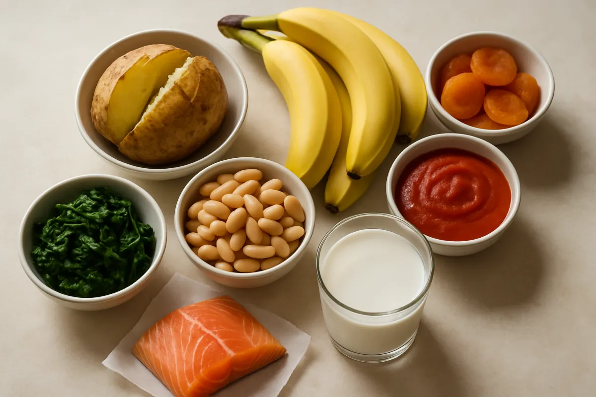 A halved baked potato in a white bowl, a bunch of bananas, a bowl of dried apricot halves, a bowl of chopped cooked spinach, a bowl of white beans, a bowl of red tomato puree, a glass of milk, and a raw salmon fillet on parchment, arranged on a pale surface