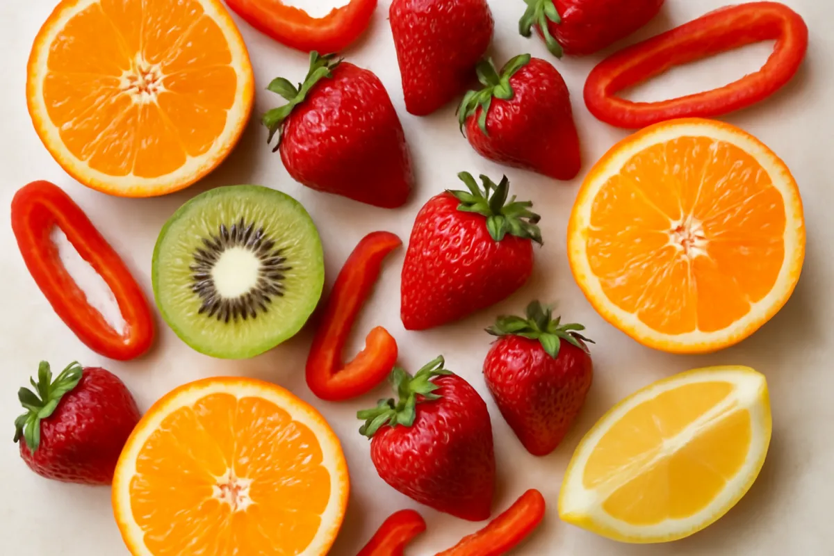 An overhead arrangement on a pale surface: two orange halves, a cluster of strawberries, a halved kiwi, strips of red bell pepper, and a lemon wedge