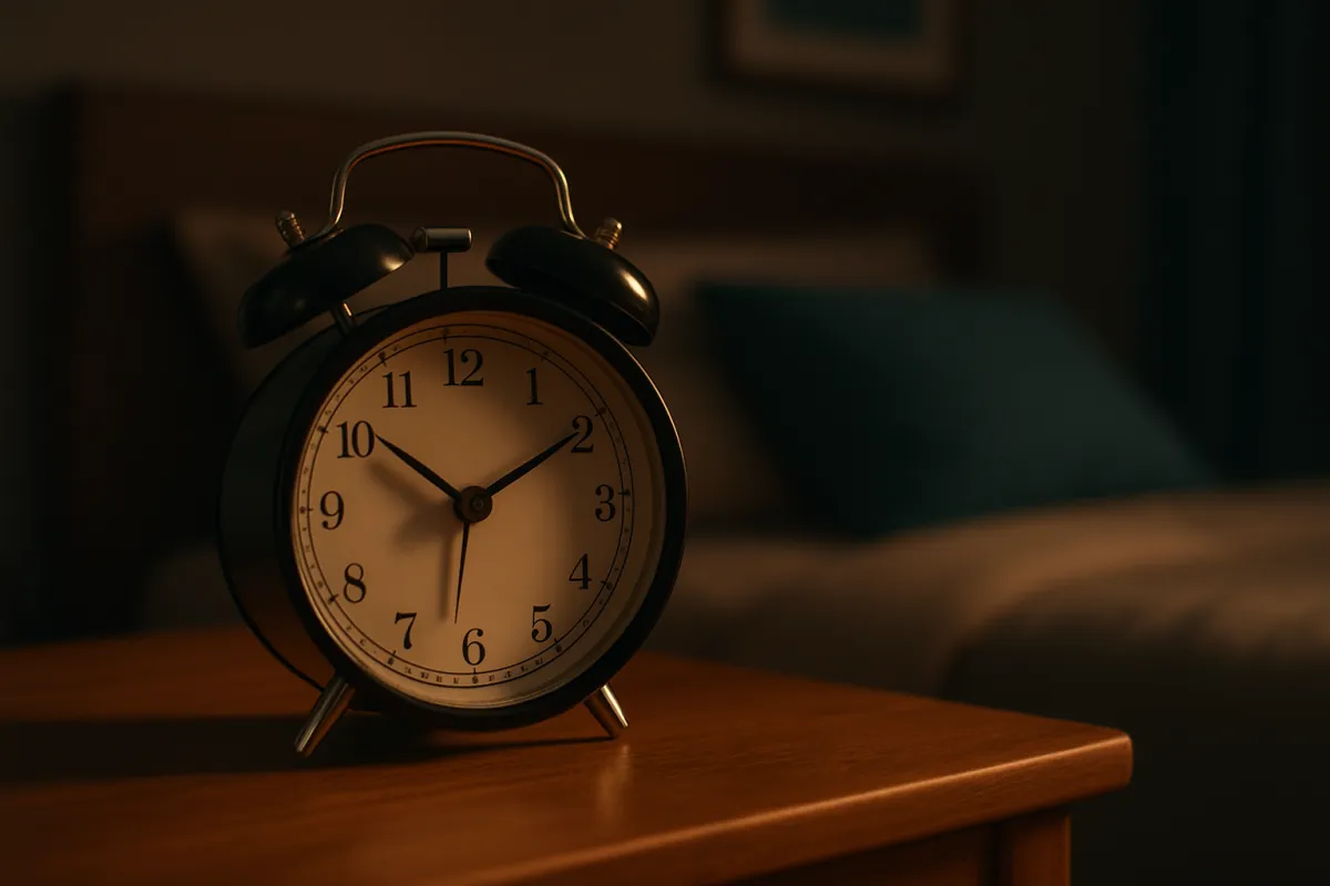 A black twin-bell alarm clock reading about ten past ten on a wooden nightstand in a dimly lit bedroom, a teal pillow blurred in the background