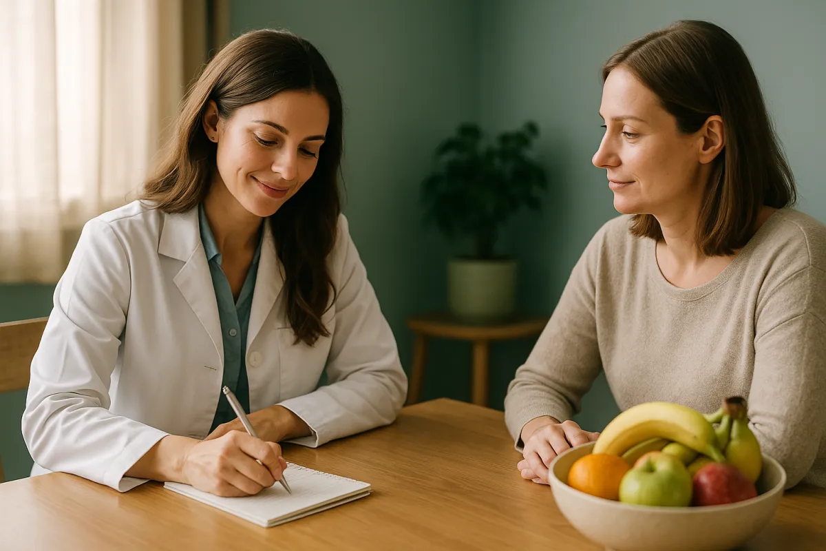 Two women at a light wood table in a green-walled room: one wearing a white coat writes in a spiral notebook, the other in a beige sweater rests her hands on the table beside a bowl of bananas, an orange, and apples, with a potted plant behind them