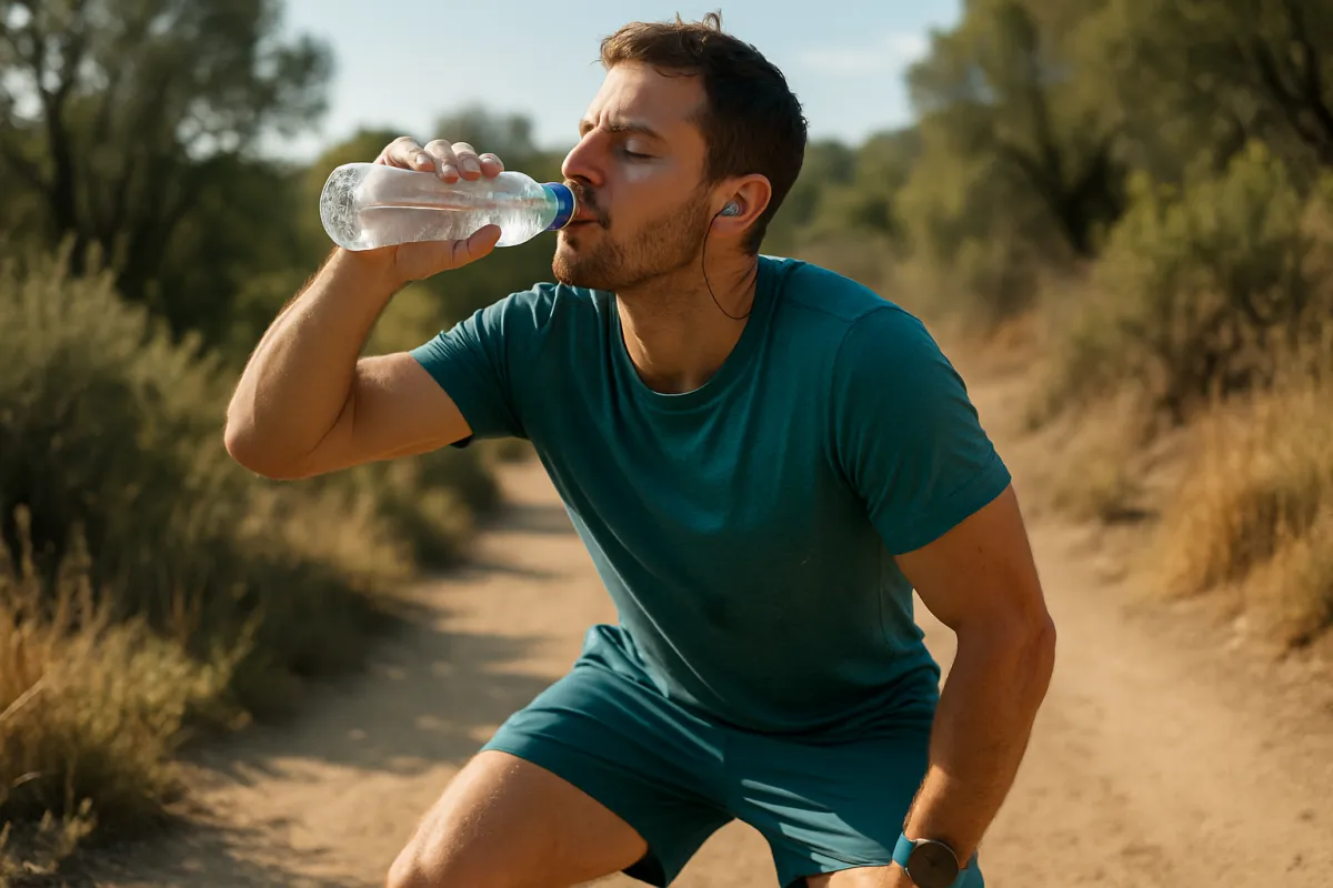 A man in a teal shirt and shorts kneeling on a dirt trail drinking from a clear plastic water bottle, eyes closed, trees and dry brush lining the path