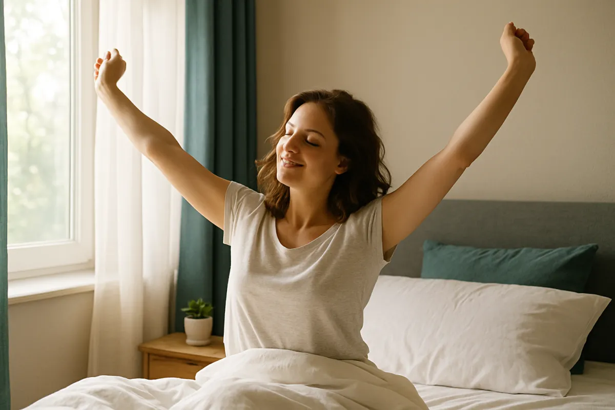 A woman sitting up in bed with arms stretched overhead and eyes closed, morning light coming through sheer curtains beside a teal headboard