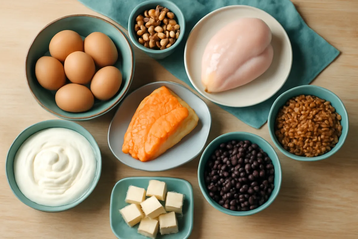 An overhead spread on a wooden surface with a teal cloth: a bowl of brown eggs, a small bowl of tan nuts, a raw chicken breast on a cream plate, a bowl of white yogurt, a wedge of orange cheese, a dish of pale cubed cheese, a bowl of dark beans, and a bowl of golden cooked grains