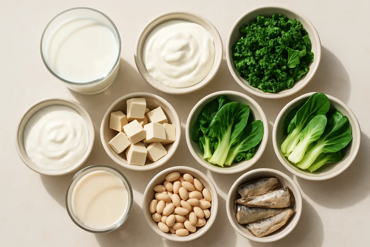 Two glasses and seven small pale bowls arranged on a cream surface and seen from above: a tall glass of opaque white liquid, a shorter glass of a paler cream-coloured liquid, two bowls of thick white liquid, a bowl of pale cream-coloured cubes, a bowl of chopped dark green leaves, two bowls of leafy greens with pale stems, a bowl of small pale beans and a bowl of three small silvery fish
