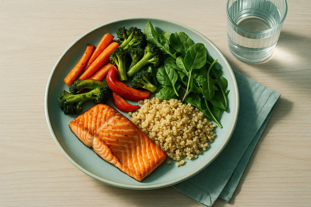 A balanced plate of whole foods with a glass of water on a light wood table