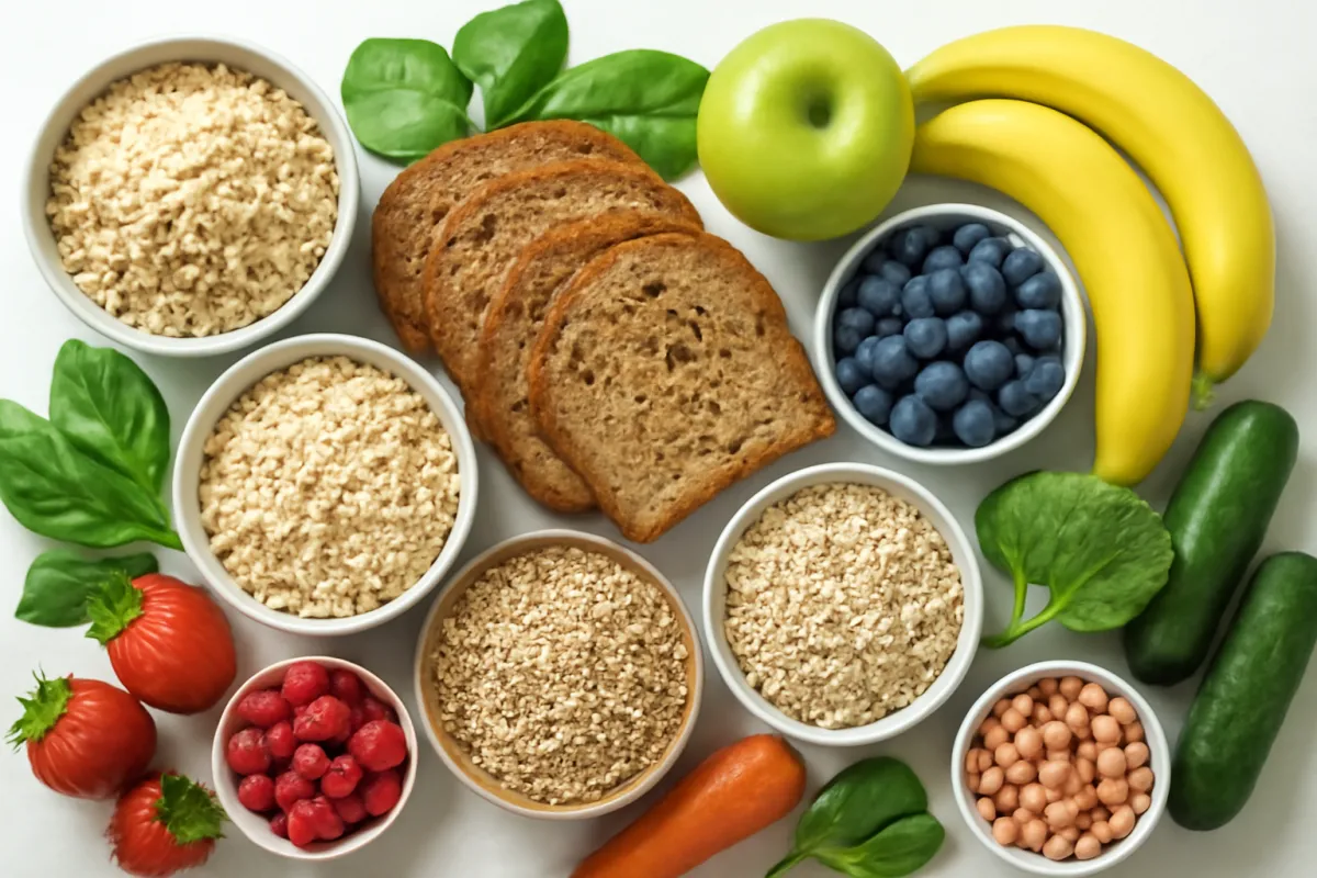 An overhead spread of carbohydrate foods on a white surface: bowls of rolled oats and other flaked and cracked grains, slices of brown bread, a green apple, two bananas, blueberries, raspberries, strawberries, a carrot, two dark green cucumber-shaped vegetables, leafy greens, and a bowl of round tan legumes