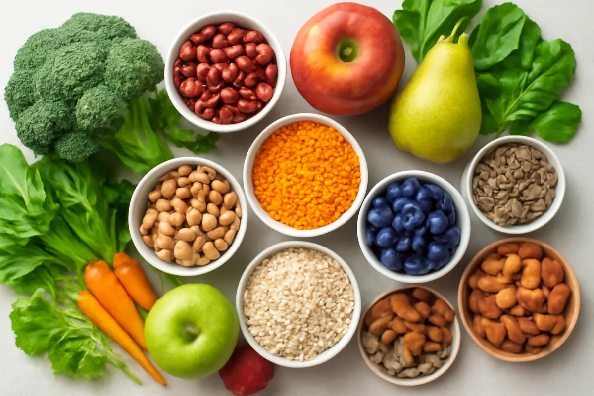 An overhead spread of high-fiber whole foods on a light table: bowls of beans, lentils and chickpeas, a bowl of grains, blueberries, an apple and a pear, broccoli, carrots and leafy greens