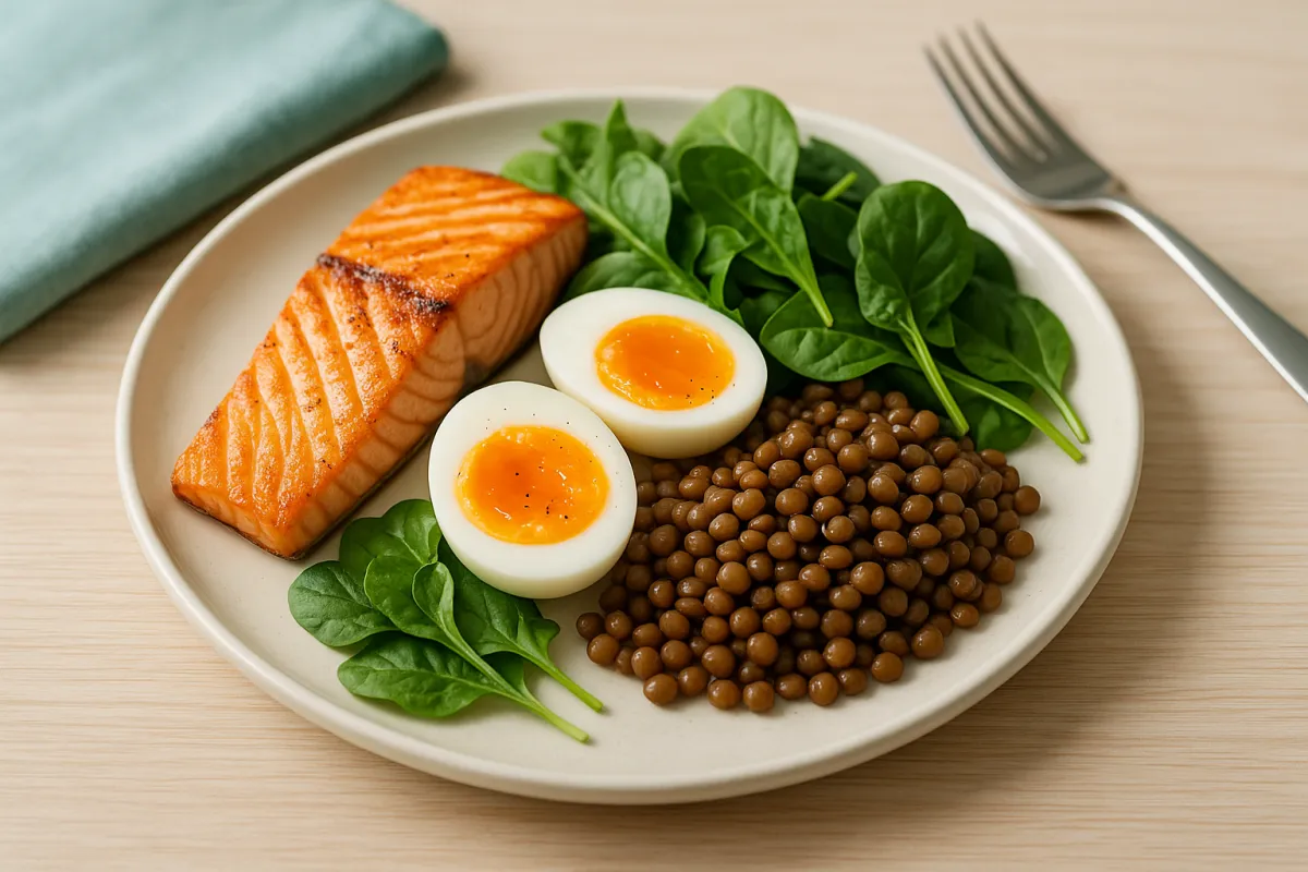 A balanced meal of salmon, eggs, lentils, and leafy greens on a light table