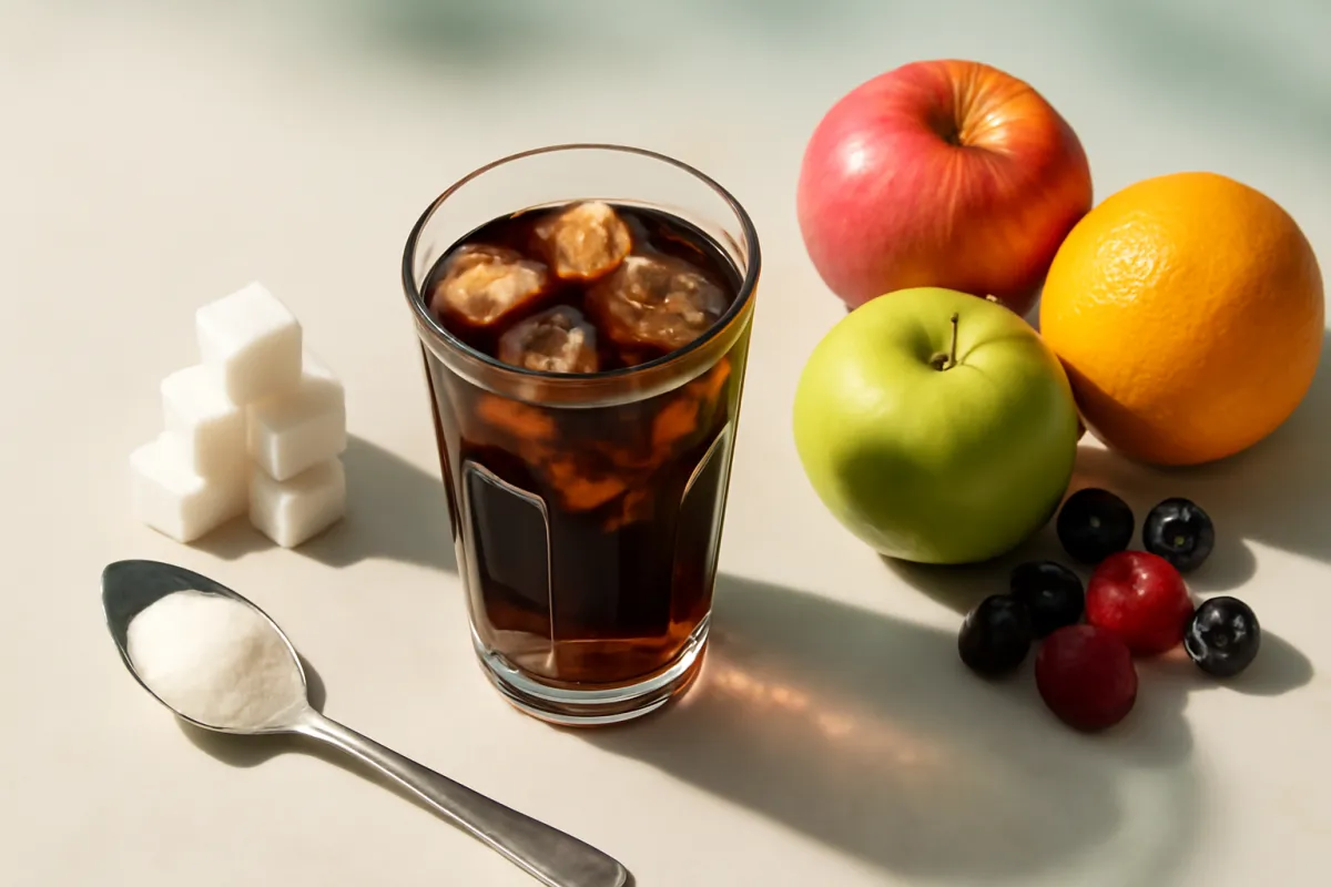 A stack of white sugar cubes and a teaspoon heaped with white granulated sugar beside a tall glass of a dark iced drink, with a red apple, a green apple, an orange and a few small dark and red berries on the other side of a pale table