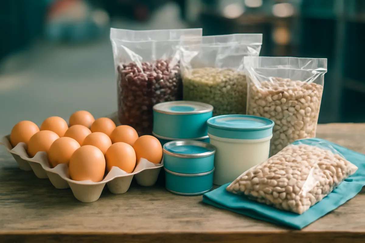 A carton of brown eggs beside clear bags of dried dark red beans, small pale green pulses and large white beans, with several small unlabelled tins and a tub on a wooden table