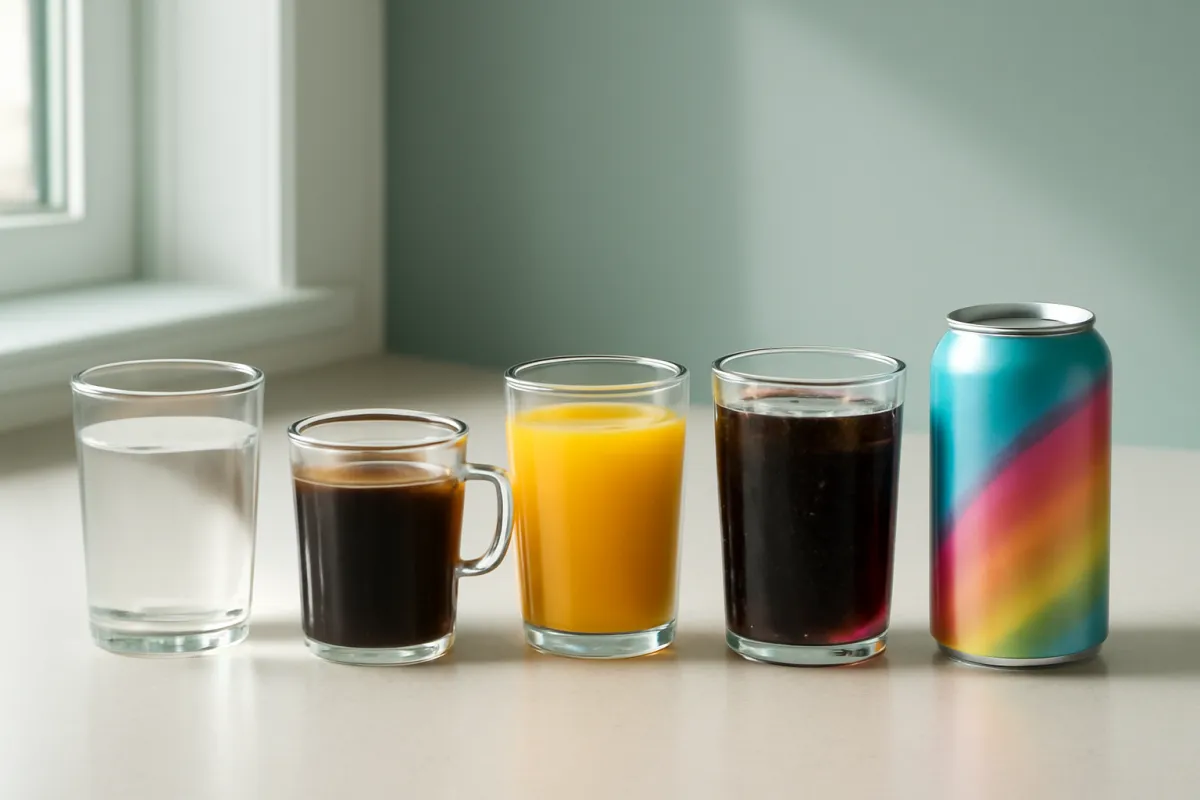 Five drinks lined up on a pale surface beside a window: a glass of clear liquid, a small glass mug of dark brown liquid, a glass of opaque orange liquid, a tall glass of very dark liquid with a little foam at the top, and a slim aluminium can printed in bright pink, blue, green and yellow