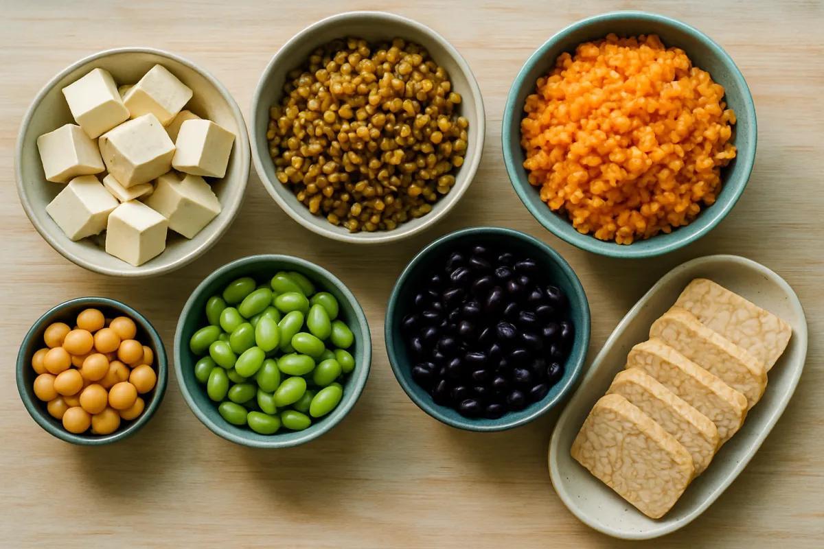 An overhead arrangement of seven dishes on a pale wooden surface holding cubed white tofu, a bowl of cooked brown or green lentils, a bowl of cooked red lentils or another split orange pulse, a small bowl of round yellow legumes, bright green shelled edamame, black beans, and an oval dish of overlapping pale slices of a firm mottled block