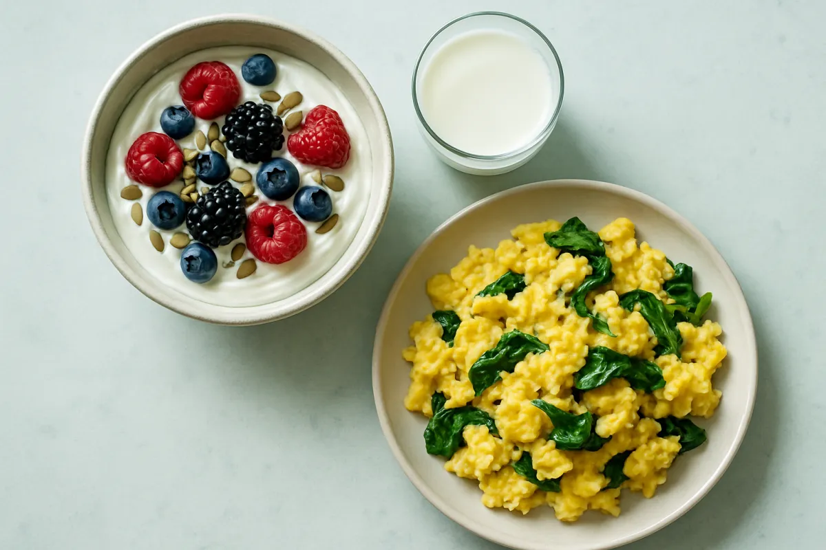 A bowl of thick white yogurt topped with berries and seeds beside a glass of a white drink and a plate of scrambled eggs with wilted greens