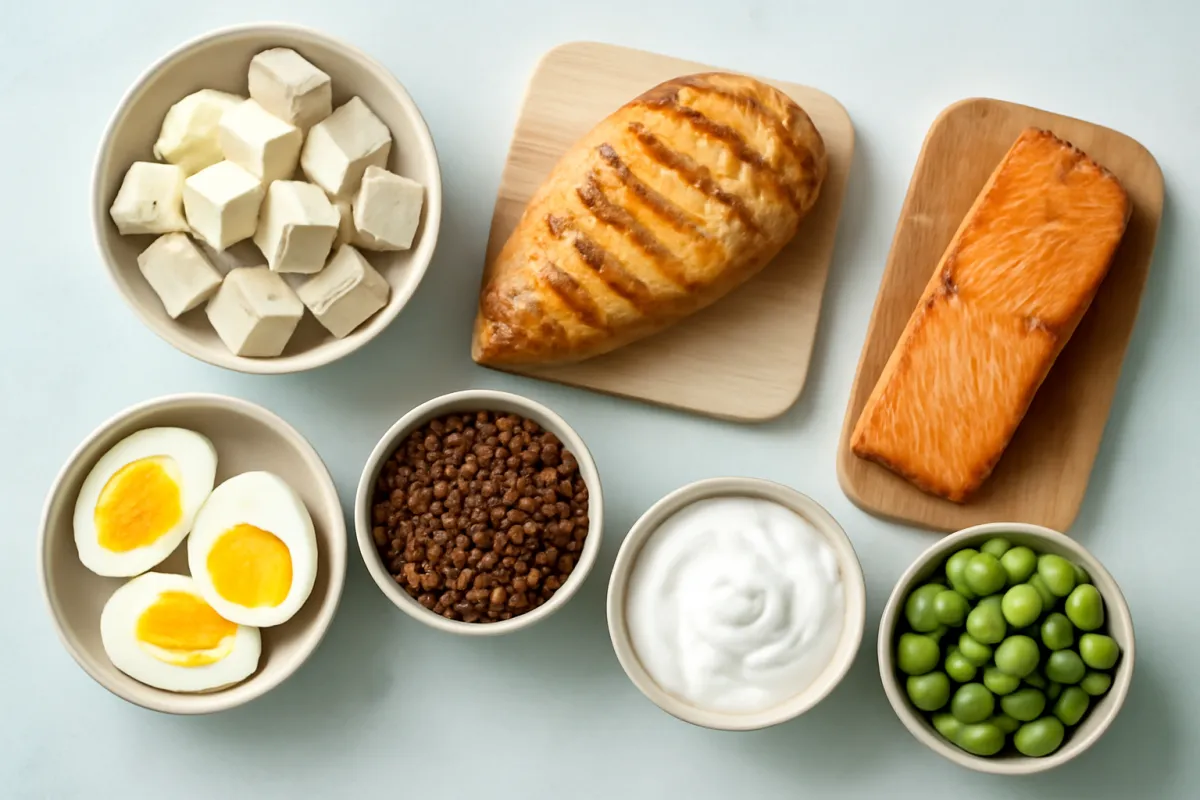 An overhead spread on a pale blue-grey surface: a bowl of white tofu cubes, a browned grilled chicken breast on a square wooden board, an orange-pink fish fillet on a wooden board, a bowl of halved hard-boiled eggs, a bowl of small brown legumes, a bowl of plain white yogurt and a bowl of small green beans