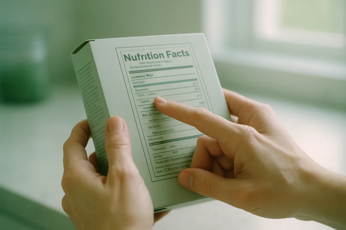 Two hands holding a small white carton and pointing at a printed Nutrition Facts panel whose heading is legible but whose rows of figures are too small and soft to read, against a pale green kitchen background