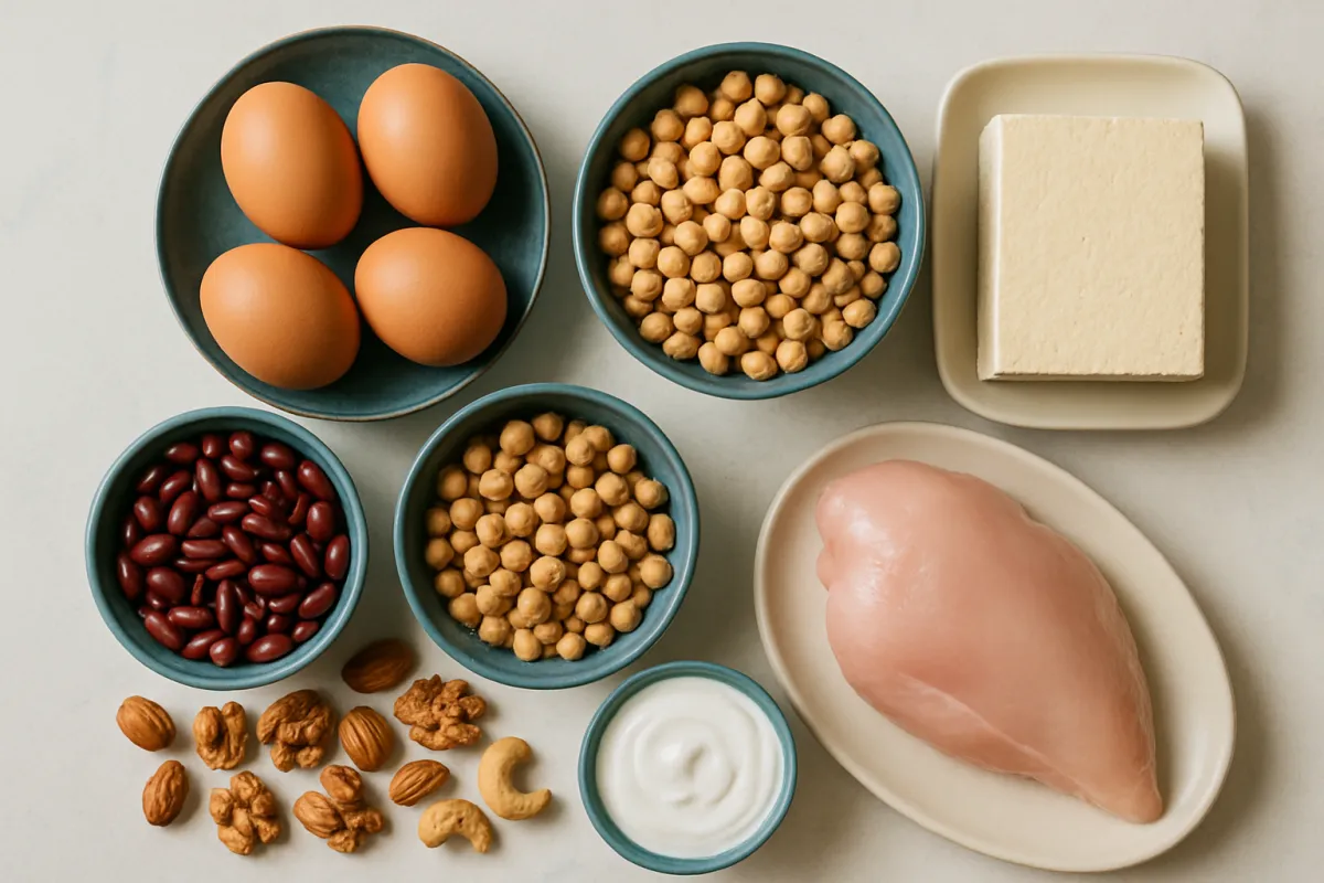 An overhead arrangement on a pale surface of four brown eggs in a dark teal bowl, two bowls of round golden legumes that look like chickpeas, a bowl of dark red kidney-shaped beans, a pale firm white block on a cream dish, a small bowl of thick white yogurt, a loose scatter of mixed nuts including almond-shaped kernels, walnut halves and curved cashew-shaped kernels, and a raw pale pink boneless breast fillet on an oval plate